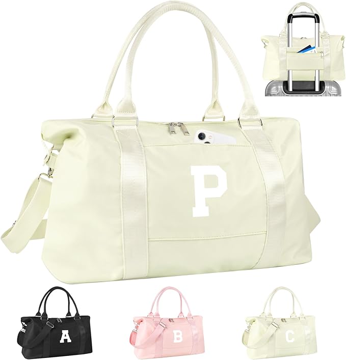 Initial Travel Duffel Bag Sports Gym Bag for Kids Teen Birthday Gifts,Beige Personalized Weekender Bag Carry On Dance Bags for Women Men,Waterproof Monogram Overnight Bag with Trolley Sleeve(Letter P)