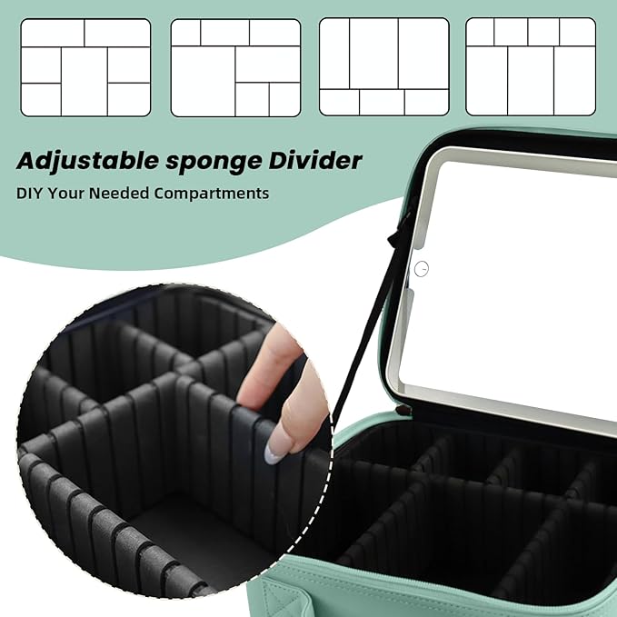 Travel Makeup Bag with LED Mirror and Light Makeup Travel Bag Organizer Portable Cosmetic Brush Organizer Bag with Adjustable Dividers for Cosmetics Makeup Brushes Toiletry (Light Green)