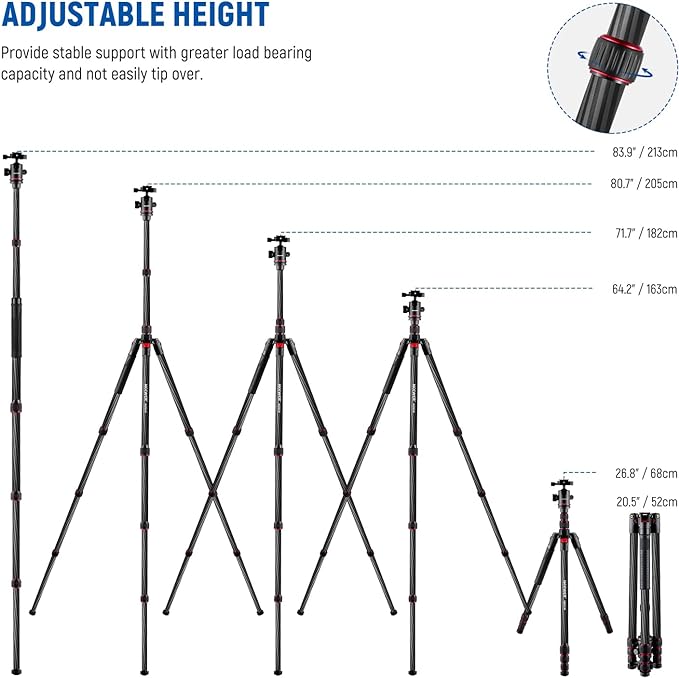 NEEWER Upgraded 80.7" Carbon Fiber Camera Tripod Monopod with Telescopic 2 Section Center Axes, 360° Panorama Ballhead, 1/4" Arca Type QR Plate, Travel Tripod with ø28mm Column, Max Load 26.5lb, N55CR