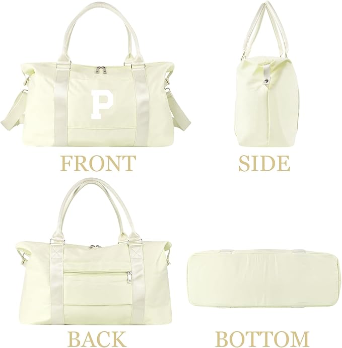 Initial Travel Duffel Bag Sports Gym Bag for Kids Teen Birthday Gifts,Beige Personalized Weekender Bag Carry On Dance Bags for Women Men,Waterproof Monogram Overnight Bag with Trolley Sleeve(Letter P)