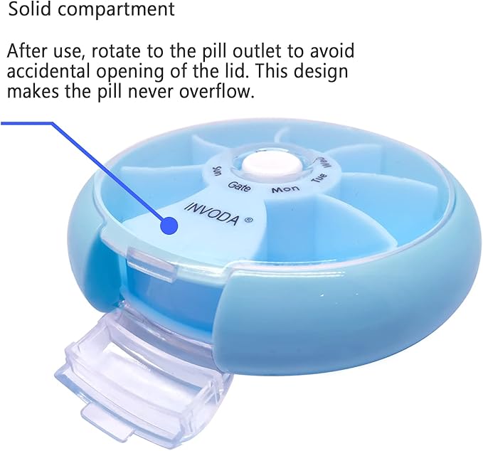 INVODA Weekly Pill Organizer 7 Compartment Rotating Pill Box for Daily Medication & Vitamins - Portable Travel Pill Case Fish Oil Supplements Vitamins Organizer (Blue+Orange)