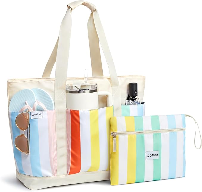 G4Free Beach Bag,Waterproof Beach Tote Pool Bags for Women,Compatible with Stanley Cup,Foldablefor Weekender Travel