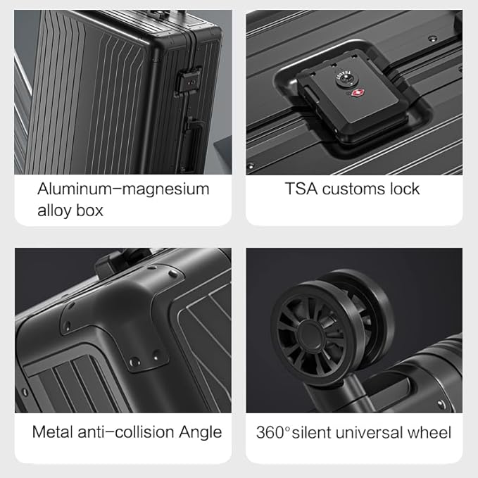 Metal all aluminum carry-on suitcase 20 "hard face, TSA lock and rotating wheel zippered luggage set (dark grey, 24 '')
