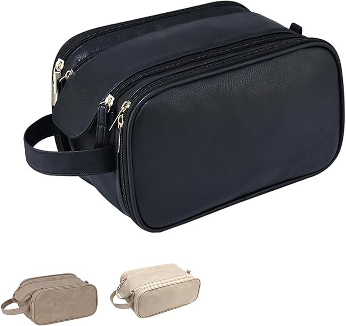Travel Toiletry bag for men PU Triple-layer Double Zipper Toiletry Bags,Waterproof with Handle Mens Toiletry Bag Stowable Brushes, Toiletries Makeup for Business Trips Camping Bathroom Black
