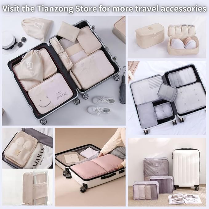 tianzong Compression Packing Cubes for Suitcases, Luggage Organizer Bags Set for Travel (Beige, 2 Pack Large)