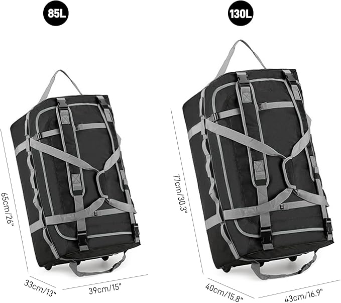 Foldable Rolling Duffle Bag with Wheels, 85L Extra Large Wheeled Travel Duffel, Waterproof Collapsible Weekender Luggage with Rollers for Storage Camping Sports Outdoor, Gray