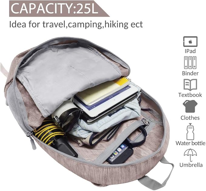 ZOMAKE 25L Ultra Lightweight Packable Backpack, Foldable Hiking Backpacks Water Resistant Small Folding Daypack for Travel(Light Gray)