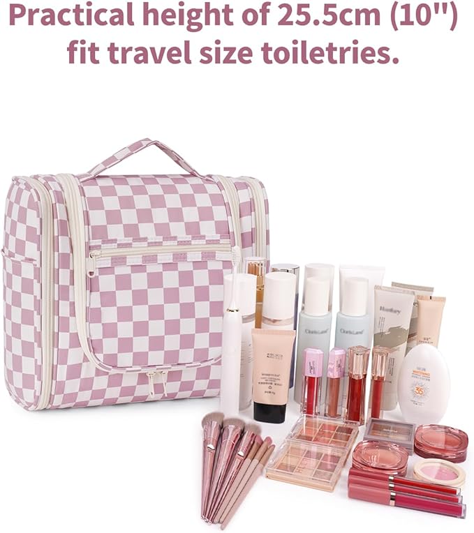 Narwey Checked Hanging Travel Toiletry Bag for Women, Travel Bag for Toiletries, Makeup Bag Organizer Cosmetic Bags Make Up Bags for Women (Dusty Rose Checkerboard)