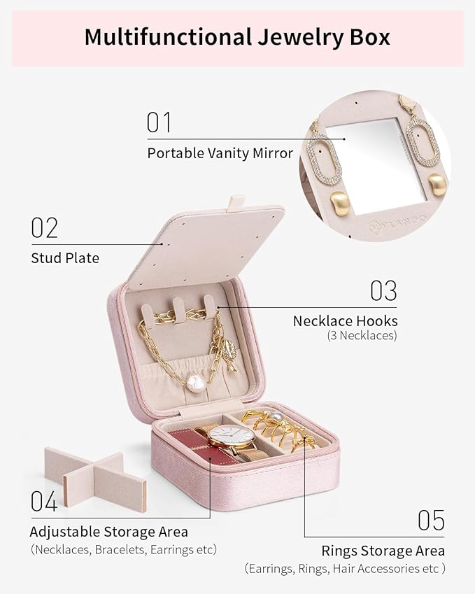 Vlando Mothers Day Gifts for Mom Travel Jewelry Case for Girl Women, A Initial Jewelry Case, Mini Jewelry Travel Organizer Travel Essentials for Travel Gift Teen Girls - Letter A, Pink