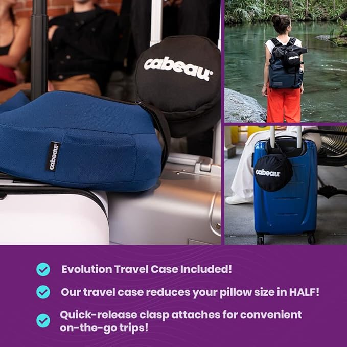 Cabeau Evolution S3 Travel Pillow – Straps to Airplane Seat – Ensures Your Head Won’t Fall Forward – Relax with Plush Memory Foam – Quick-Dry Fabric Keeps You Cool and Dry (Indigo)…