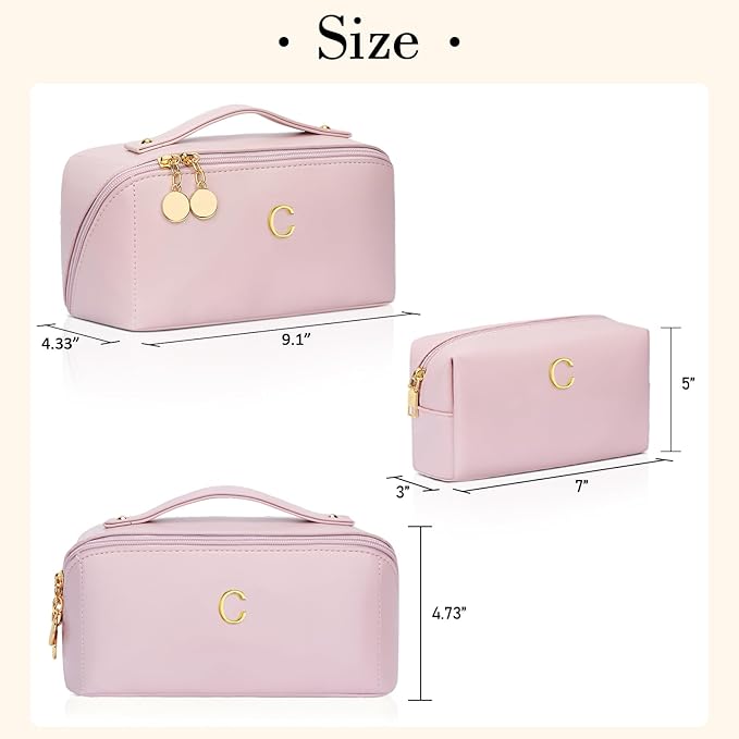 Birthday Gifts for Women Teen Girl, Personalized Initial Makeup Organizer Bag Set, Open Flat Travel Cosmetic Bag With Clear Divider and Handle(Pink,C)