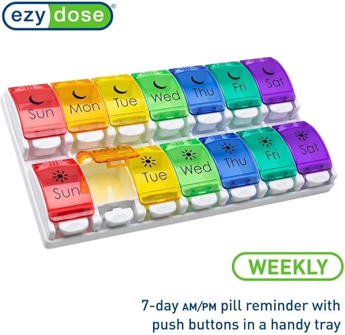EZY DOSE Weekly (7-Day) Pill Case, Medicine Planner, Vitamin Organizer, 2 Times a Day AM/PM, Removeabale Trays, Large Push Button Compartments, Easy to Use, Arthritis Friendly, Rainbow Lids, BPA Free