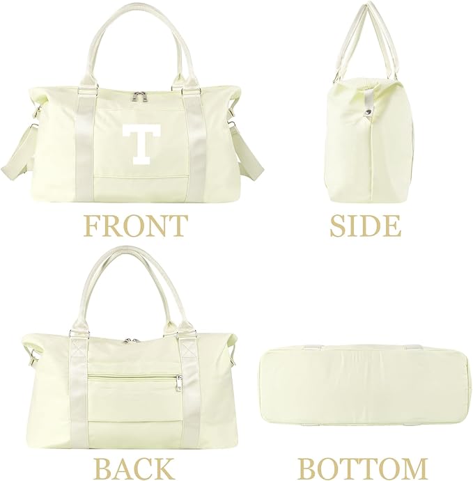 Initial Travel Duffel Bag Sports Gym Bag for Kids Teen Birthday Gifts,Beige Personalized Weekender Bag Carry On Dance Bags for Women Men,Waterproof Monogram Overnight Bag with Trolley Sleeve(Letter T)