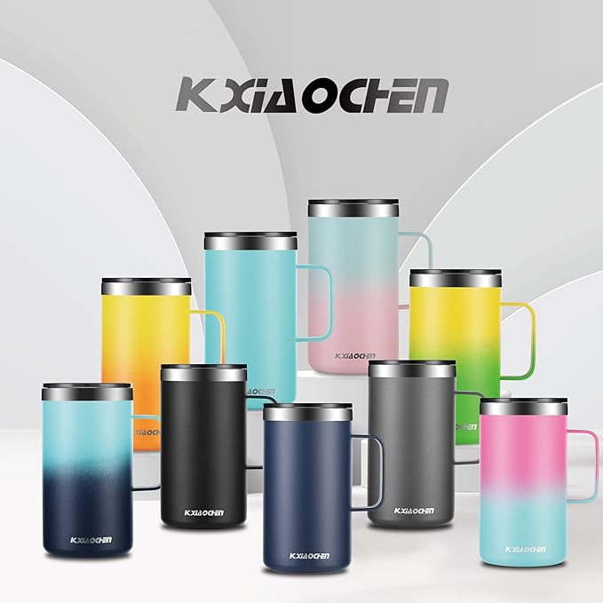 KXIAOCHEN 20oz Insulated Coffee Mug with Lid, Stainless Steel Coffee Cup, Double Wall Vacuum Coffee Tumbler with Handle, Premium Thermal Travel Coffee Mug (Blue Green Pink 2Pack)
