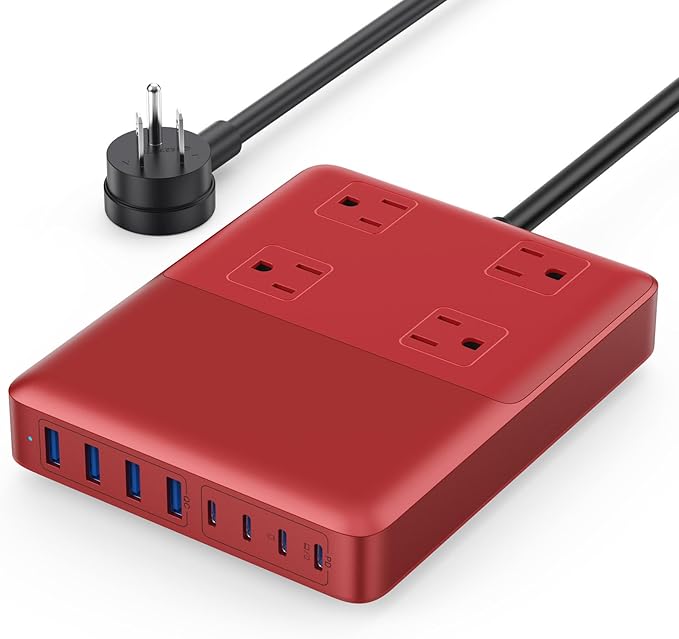 12-in-1 Charging Station USB C Power Strip with 5ft Cord,105W GaN IV USB C Charger Block,4 AC Outlets,4 USB-A,4 USB-C for MacBook,iPhone 16/15/14,Fast Charging Desktop Charger for Office (A-Red)