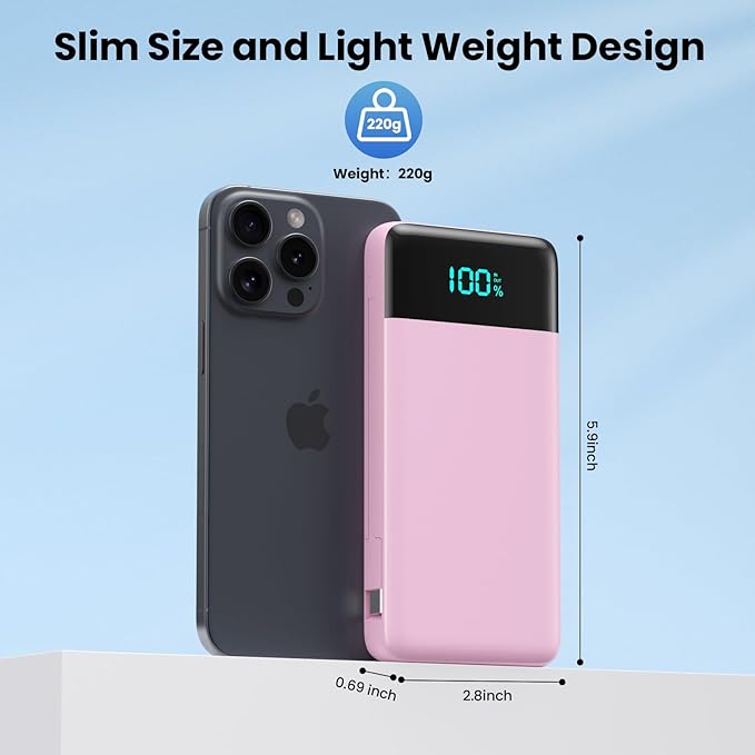 Portable Charger for iPhone with Built in Cables and Wall Plug,Upgraded 13800mAh Fast Charging USB C Power Bank,4 Outputs Travel Essential Battery Pack Compatible with iPhone 15/14/13/12,Samsung-Pink