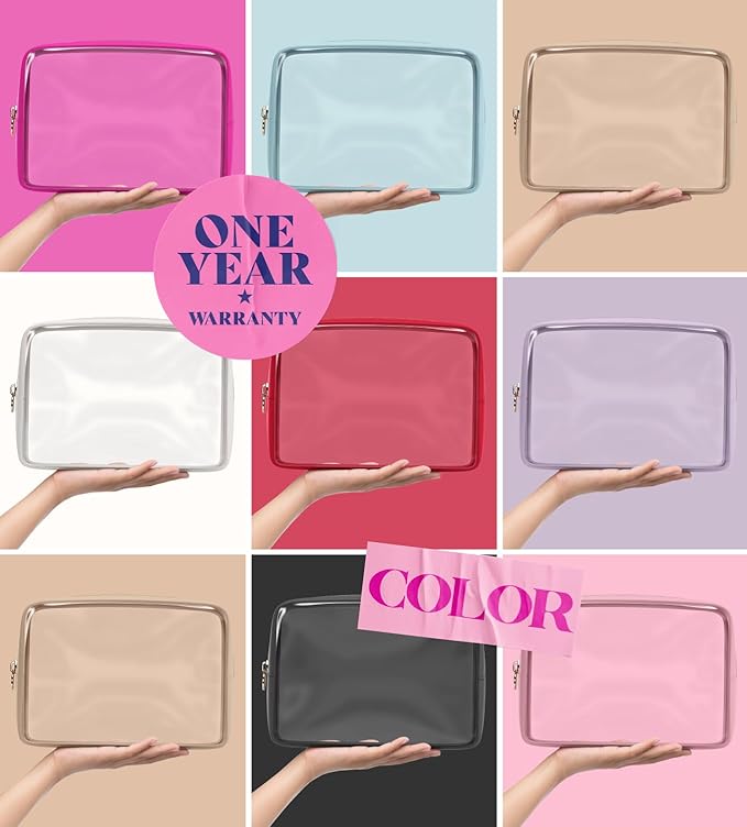Clear Makeup Bag Zipper Pouch, Transparent Cosmetic Case Organizer, TSA Approved Travel Toiletry Case, Travel Accessories Essentials Makeup Tote for Women, Large Cute Make up Bag for Purse - White
