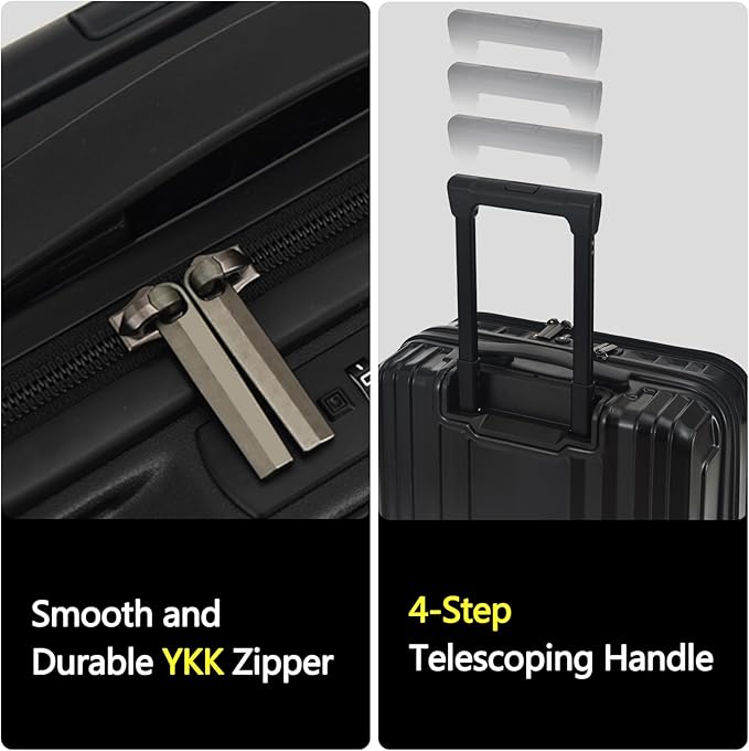 TydeCkare 16" Carry on Luggage with 2 Laptop Compartments, Lightweight Hardshell ABS+PC Suitcase with Dual Control TSA Lock, with YKK Zipper, 4 Spinner Silent Wheels, for Business Travel, Black