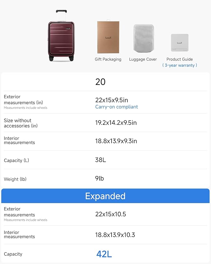 LUGGEX Carry On Luggage 22x14x9 Airline Approved, FLO5 Expandable Polycarbonate Suitcase with Front Pocket (FX-Core, Cheery, 20 Inch)