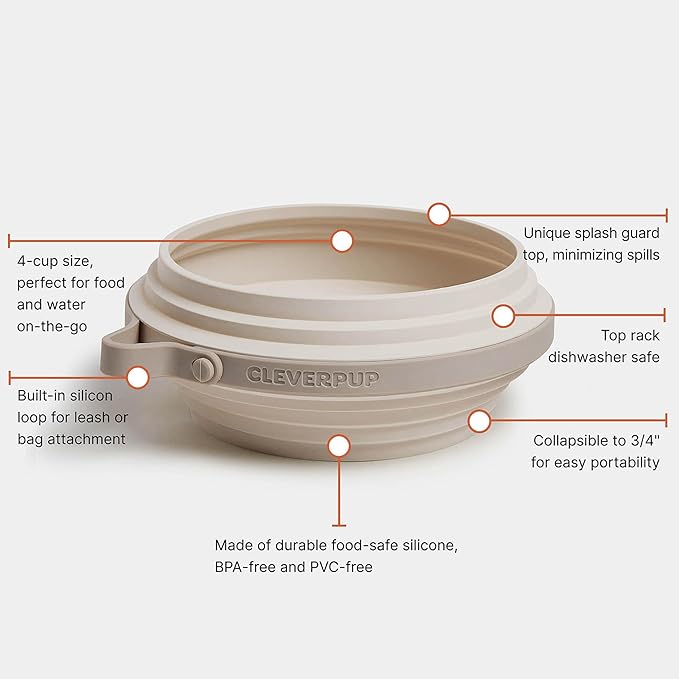 Nomad Large Collapsible Dog Bowl - 4 Cup Food-Safe Silicone Travel Bowl for Dogs, Portable & Sturdy, Food/Water, Dishwasher Safe - Sand