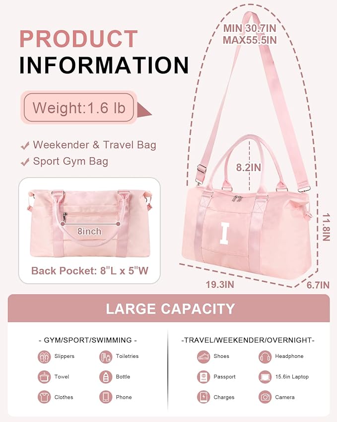 Initial Travel Duffel Bag Sports Gym Bag for Girls Teen Birthday Gifts,Pink Personalized Weekender Bag Carry On Tote Bags for Women Men,Waterproof Overnight Luggage Bag with Trolley Sleeve(Letter I)