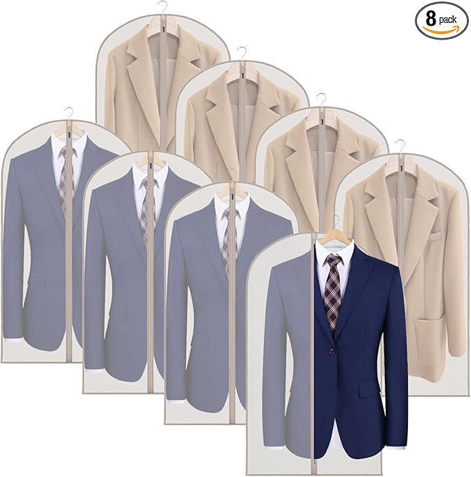 Zilink Suit Bags for Closet Storage and Travel 43" Hanging Storage Bags for Clothes Garment Bags for Storage, T-Shirt, Suits, Coats, Jackets - Beige, 8 Pack