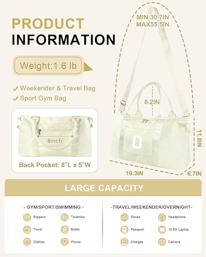 Initial Travel Duffel Bag Sports Gym Bag for Kids Teen Birthday Gifts,Beige Personalized Weekender Bag Carry On Dance Bags for Women Men,Waterproof Monogram Overnight Bag with Trolley Sleeve(Letter O)
