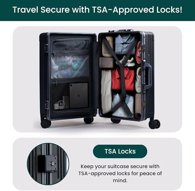 Nobl Travel Carry On Luggage, Noble Zipperless Aluminum Frame PC Hard Shell Suitcase, 20.8"x15"x8.7" Airline Approved, 360° Spinner Wheels, TSA Locks, USB Charging Port, Cup & Phone Holder - Black