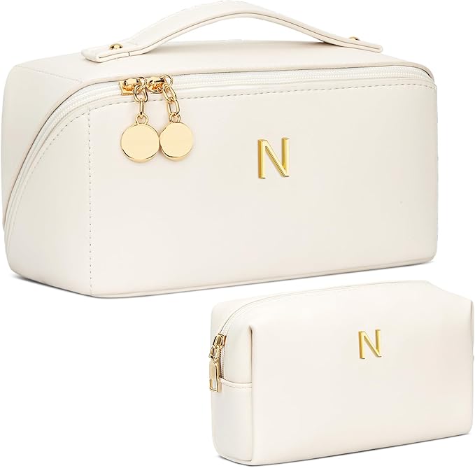 Birthday Gifts for Women Teen Girl, Personalized Initial Makeup Organizer Bag Set, Open Flat Travel Cosmetic Bag With Clear Divider and Handle(Beige,N)