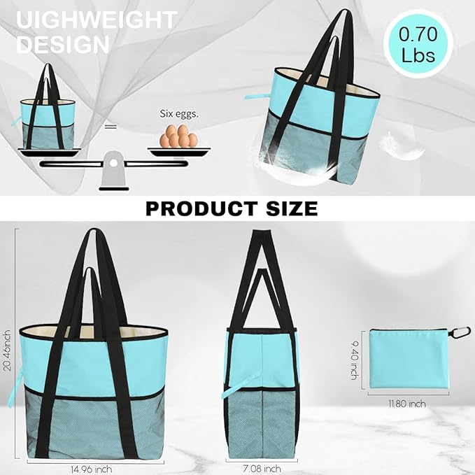 Sandproof Beach Bag with Zipper - 8-Pocket Waterproof Tote for Women & Family | Foldable Travel Swim Bag (Gift-Ready)