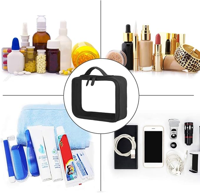ANRUI TSA Approved Toiletry Bag With Handle Strap, Clear Travel Liquids Toiletries & Cosmetics Organizer Carry-On Luggage for Women and Men Black 3 Pack (Same Size)