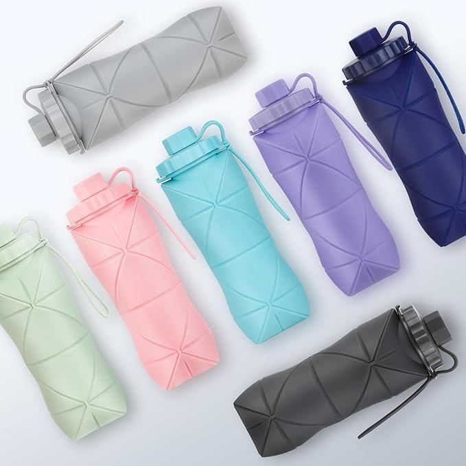 YCT Collapsible Silicone Travel Water Bottle 20oz (600ml), Reuseable Leakproof BPA Free Foldable Sports Bottle, with Carrying Strap, Dark Gray + Blue