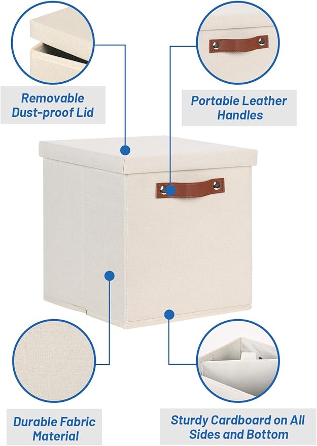 Temary Foldable Fabric Storage Bins with Lids, 2-Pack Storage Bin for Organizing Living Room, Closet Organization, Multi-Purpose Storage Boxes for Clothes (Beige, 10.5x10.5x10.5 inch)