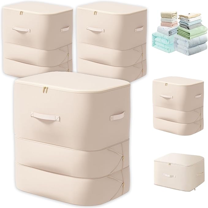3PCS XL ultra space saving bags self compression organizer bags Space saver bag for comforters storage bag organizer for blankets bedding clothes (Beige-3PCS)