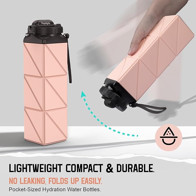Collapsible Water Bottles 20.6oz Foldable Water Bottle BPA Free Reusable Lightweight LeakProof Travel Silicone Water Bottles for Travel Gym Hiking Camping (Upgrade Light Pink)