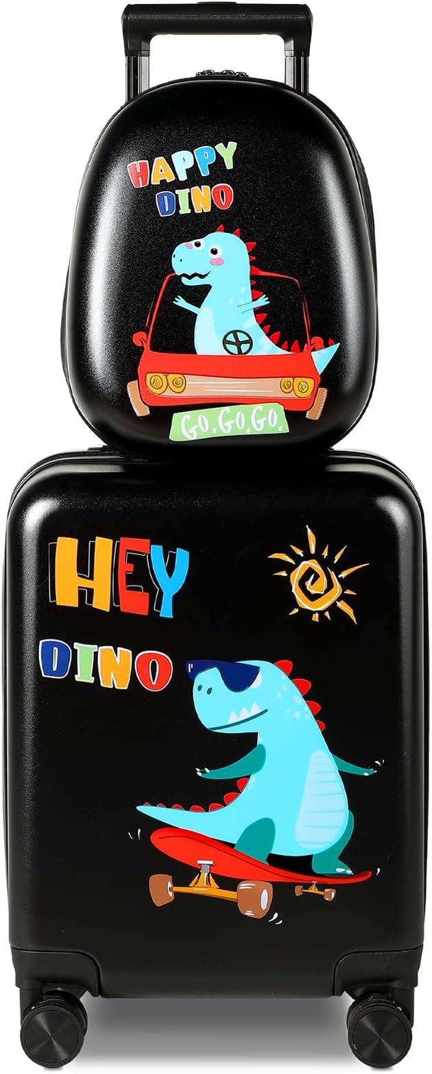 Weewooday Kids Luggage and Backpack 18" Suitcase with Spinner Wheel Hard Case Travel 13" Backpack Girl Suitcase Set for Kids Travel Supplies(Black,Dinosaur Style)