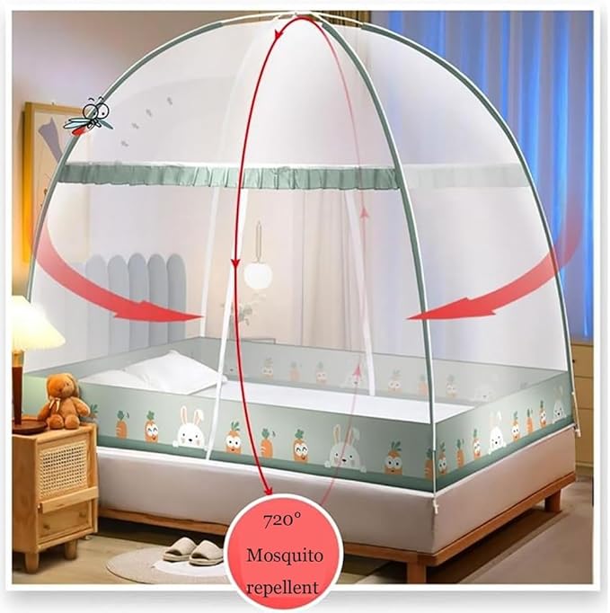 Pop-Up Mosquito Net Tent for Beds Portable Folding Canopy with Net Bottom, Fits Twin to King Size 79x71x59inch, Easy Install Wash for Baby Adults, Indoor Outdoor Use (Pink Rabbit-Queen Bed)