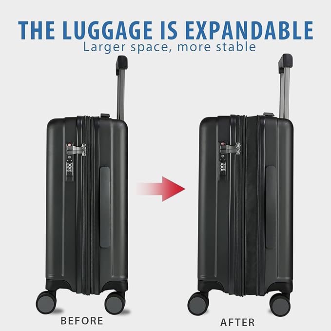 KROSER Hardside Expandable Carry On Luggage with Spinner Wheels & Built-in TSA Lock, Durable Suitcase Rolling Luggage with USB Port, Carry-On 20-Inch, Black