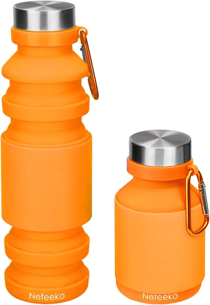 Nefeeko Collapsible Water Bottle, Reuseable BPA Free Silicone Foldable Water Bottles for Travel Gym Camping Hiking, Portable Leak Proof Sports Water Bottle with Carabiner