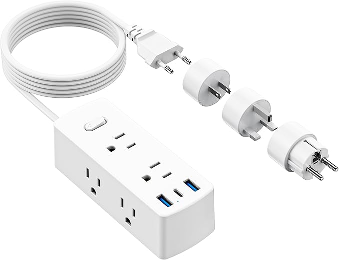 European Travel Plug Adapter, Olcorife Universal Travel Adapter for EU UK US AUS, 6 Outlets 3 USB Ports with 5ft Extension Cord, International Power Adapter for US to Europe UK AUS
