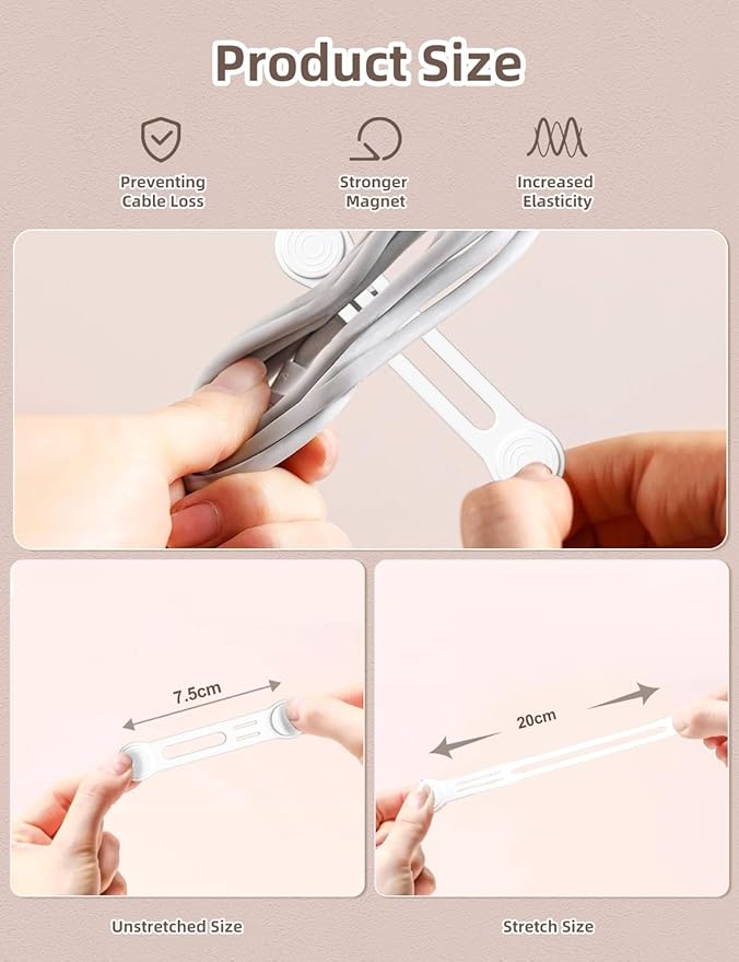 Magnetic Cord Ties Organizers, Kanemc Silicone Cable Tie Cord Wrap Reusable Twist Ties Wire Strap For Charging Cables Headphones USB Type C Cable Small Cords (8-Pack, White)