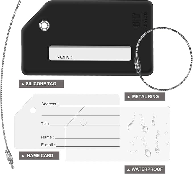 8 Pcs Luggage Tags for Suitcases, 26 Initial Letter Travel Luggage Baggage Identification Labels ID Tags Fully Bendable Tags with Stainless Steel Loop (Letter G, Black)