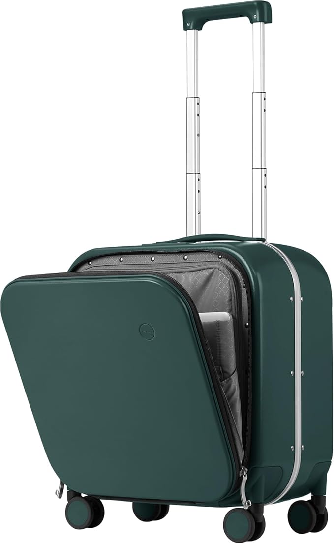 mixi Carry On Luggage, 18” Suitcase with Front Laptop Pocket, Travel Luggage Aluminum Frame PC Hardside with Spinner Wheels & TSA Lock and Cover (Not for Underseat), Blackish Green