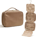 EACHY Hanging Toiletry Bag, Satin 4 Compartments Travel Toiletry Bags for Women, Large Capacity Make Up Organizer Bag with Handle & Compartments (Brown, L)
