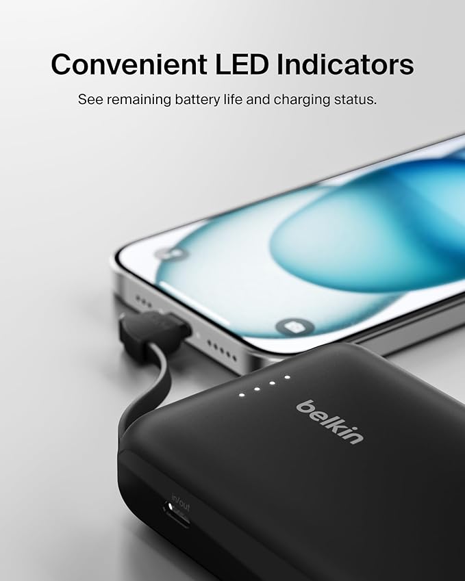 Belkin Portable Charger, Power Bank 10000 mAh with Integrated Cable - 20W Fast Charge USB-C Power Delivery, iPhone Charger - Apple iPhone 16 Series, iPad Pro, Samsung Galaxy S25, & More - Black