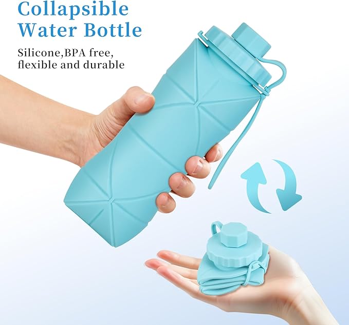 YCT Collapsible Silicone Travel Water Bottle 20oz (600ml), Reuseable Leakproof BPA Free Foldable Sports Bottle, with Carrying Strap, Blue + Pink