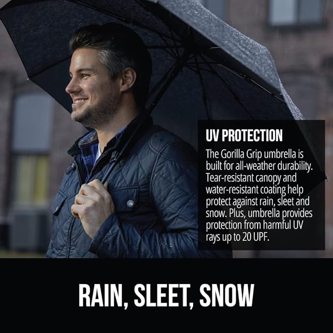 GORILLA GRIP Strong Stick Umbrella for Rain, Compact Travel One-Click Automatic Open Close, Lightweight Portable US Designed Reinforced Fiberglass Ribs, Wind Resistant Easy Collapse Black Navy 2 Pack
