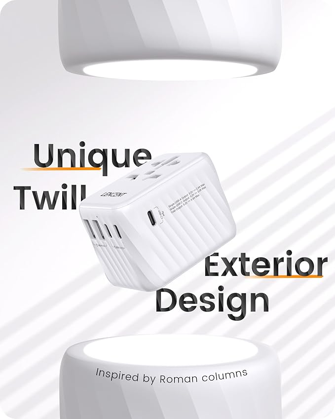 LENCENT Universal Travel Power Adapter, International AC Plug Adaptor with 5.6A 3 USB C 2 USB A Ports Wall Charger Worldwide Travel Essentials for US to EU UK Ireland Australia (Type C/G/A/I) White
