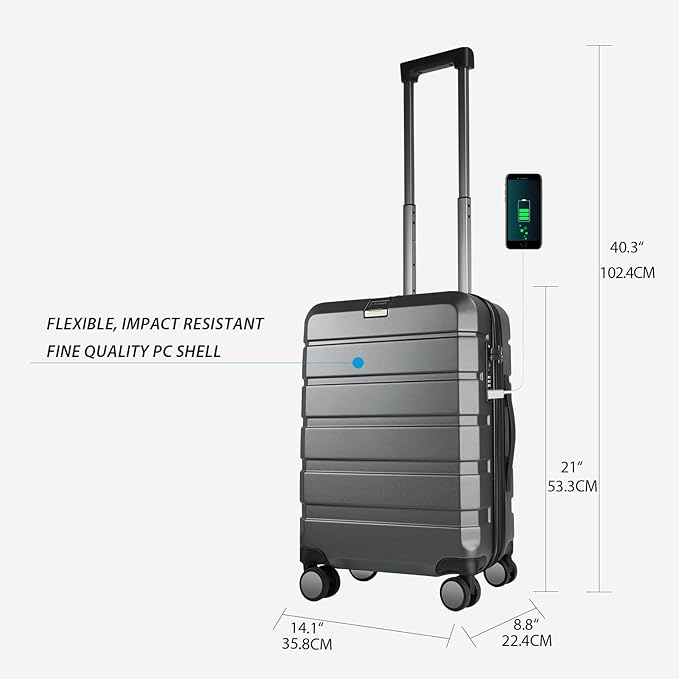 KROSER Hardside Expandable Carry On Luggage with Spinner Wheels & Built-in TSA Lock, Durable Suitcase Rolling Luggage with USB Port, Carry-On 20-Inch Steel Grey