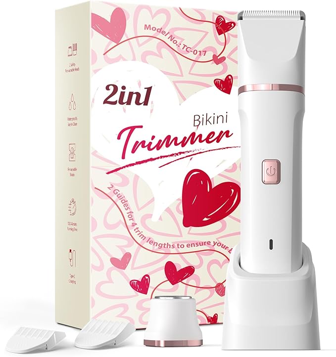 Pubic Hair Trimmer Women - 2-in-1 Electric Bikini Shaver & Facial Hair Remover, Waterproof Body Groomer with Ceramic Blades, USB-C Fast Charging Dock, Cordless Razor for Women's Sensitive Skin (White)